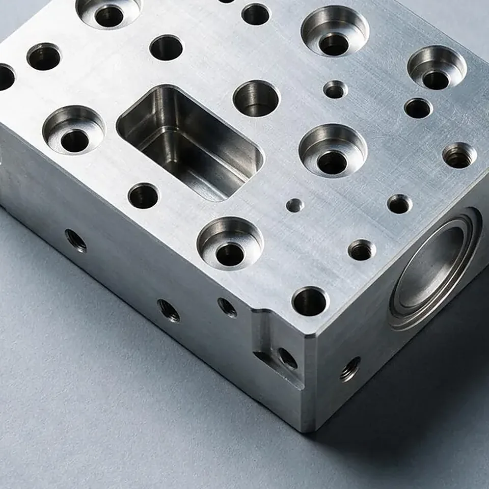 Close view of the milled pocket and counterbores on the manifold block