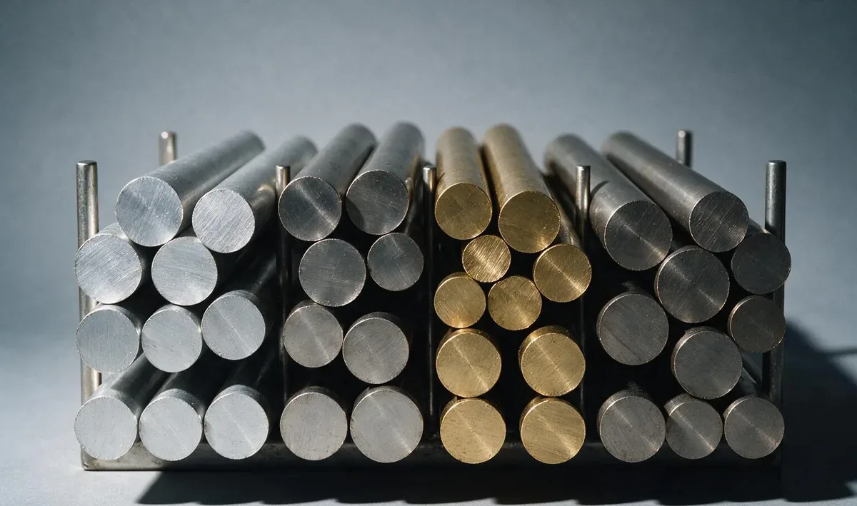 Round bar stock in aluminium, stainless steel, brass and titanium stacked in a steel rack