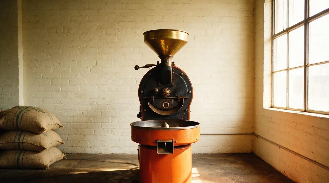 The roasting room at Norra Roast: a drum roaster in front of a whitewashed brick wall, with morning light coming through the tall window.