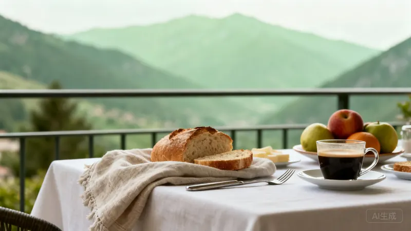 Breakfast table on a terrace overlooking the mountains