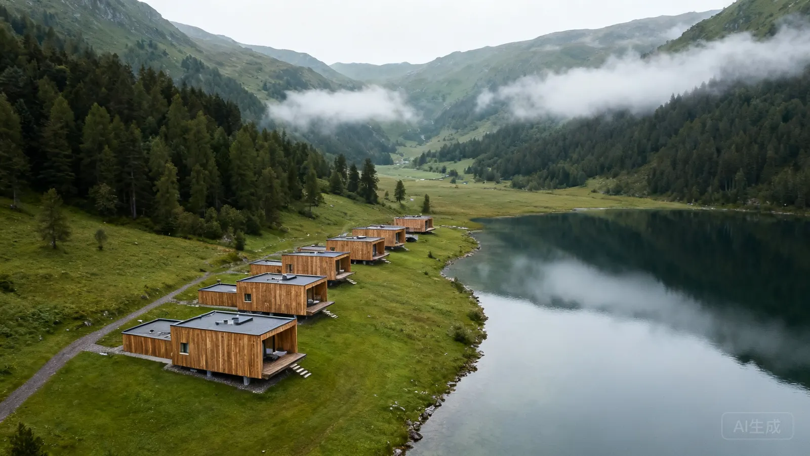 Timber cabins on a green lakeshore below misty mountains