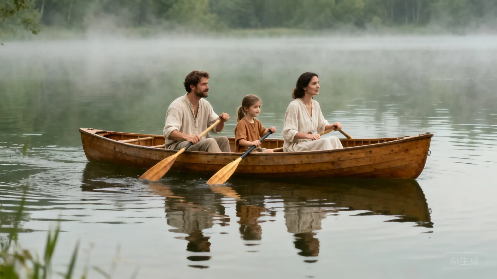 A family paddling a wooden canoe across the misty lake
