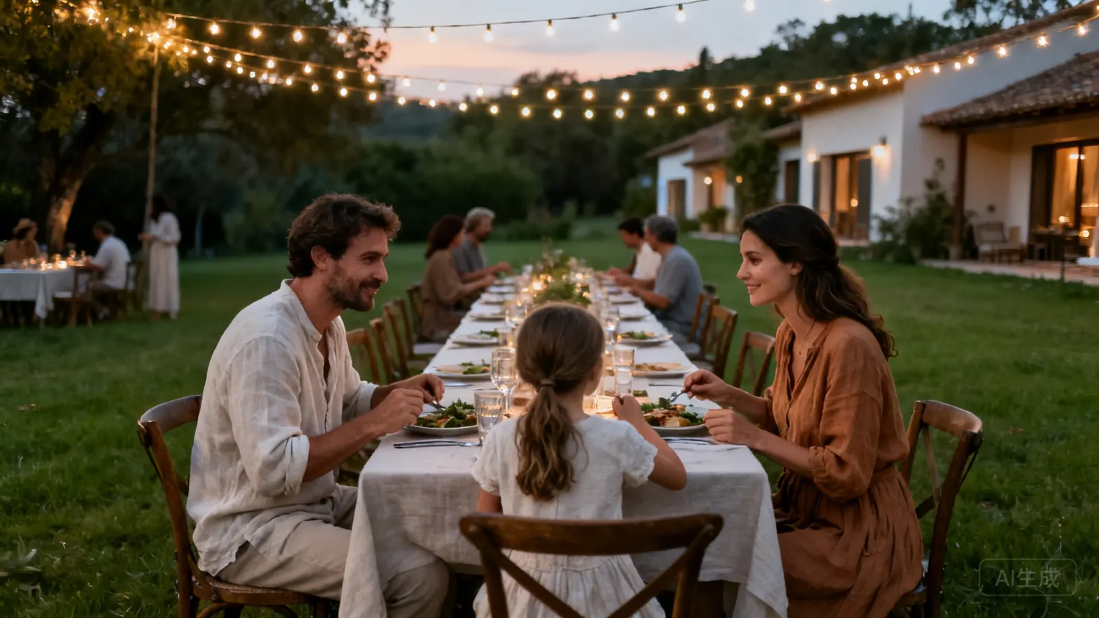 Guests sharing dinner at a long outdoor table under string lights