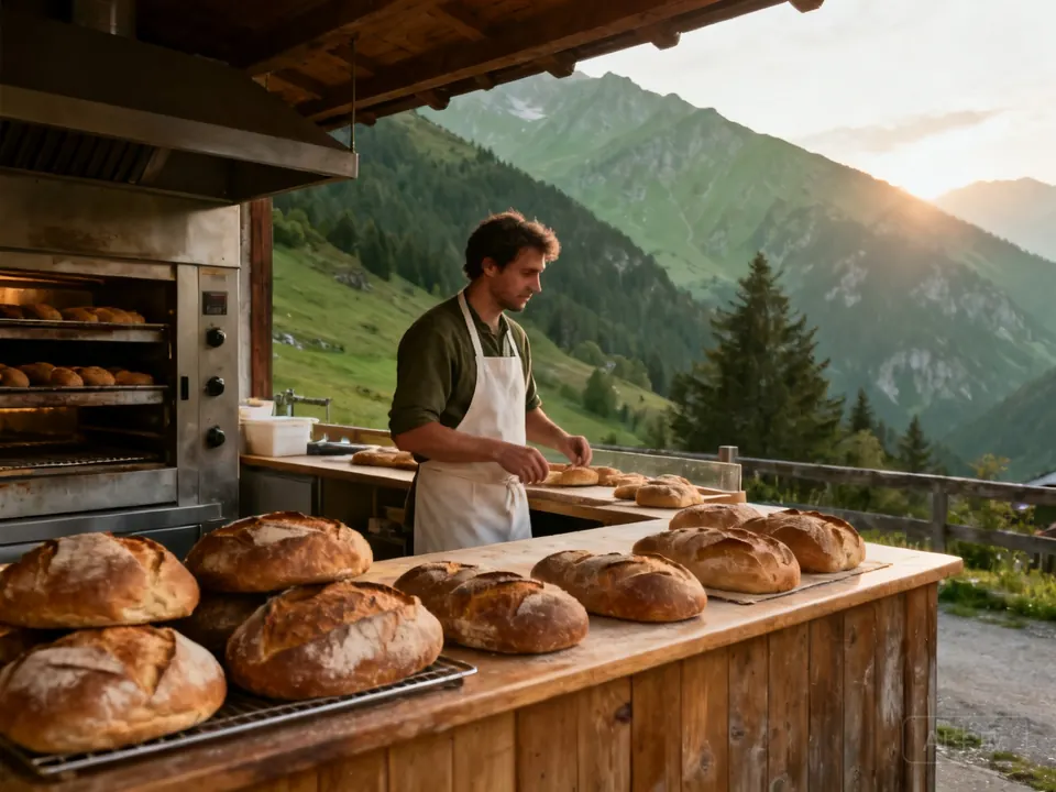 A baker with fresh loaves at the valley bakery