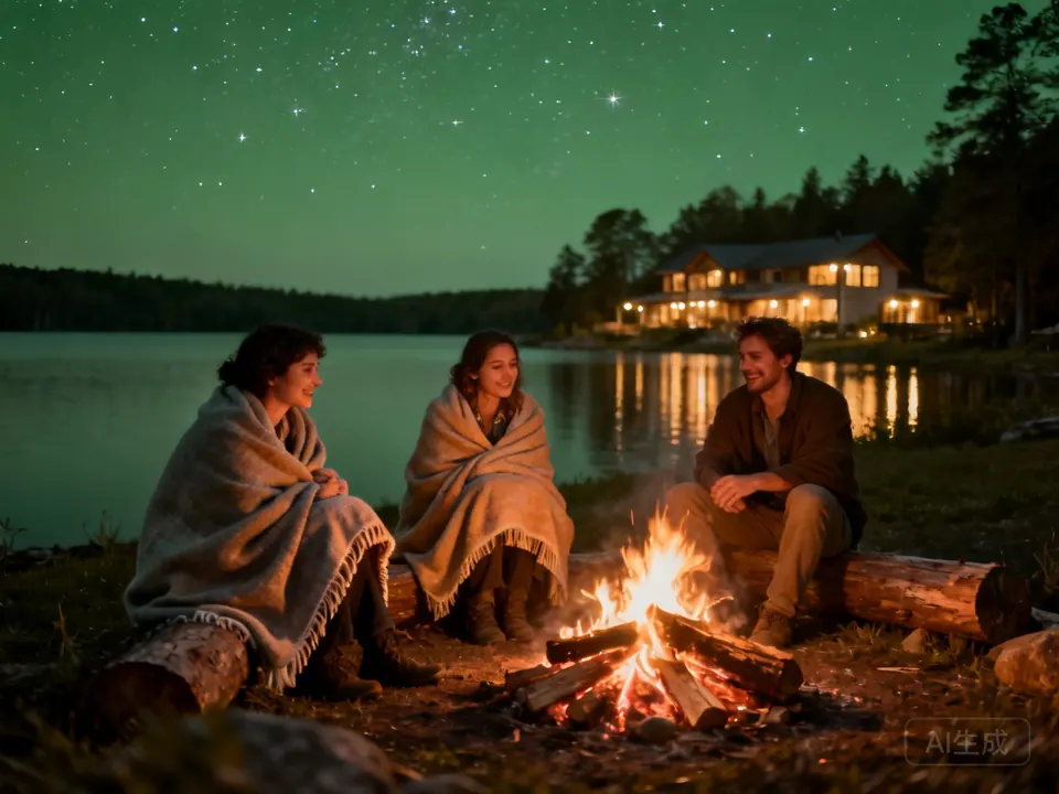 Guests wrapped in blankets around a campfire on the lake shore
