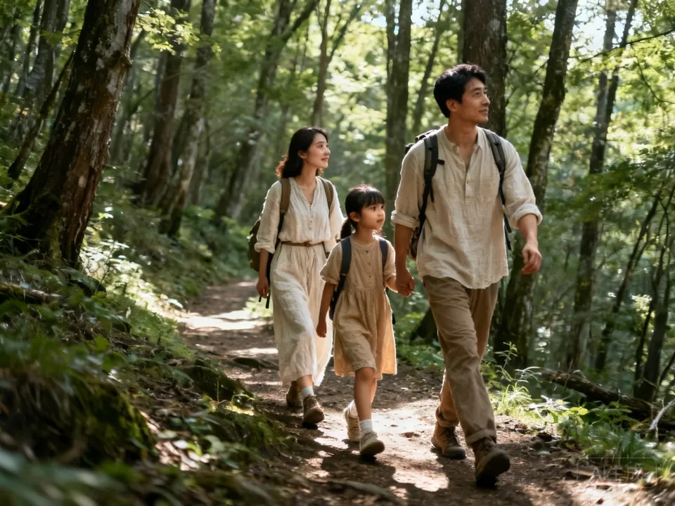 A family hiking a shaded forest trail
