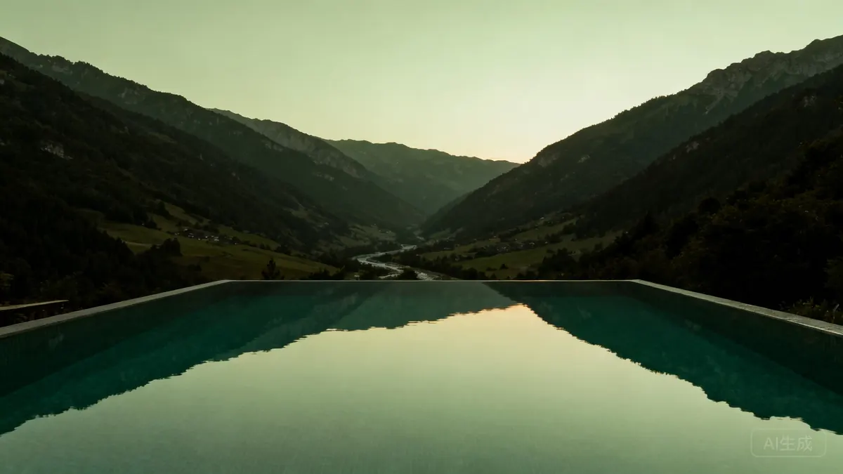 Infinity pool at dusk looking down the valley