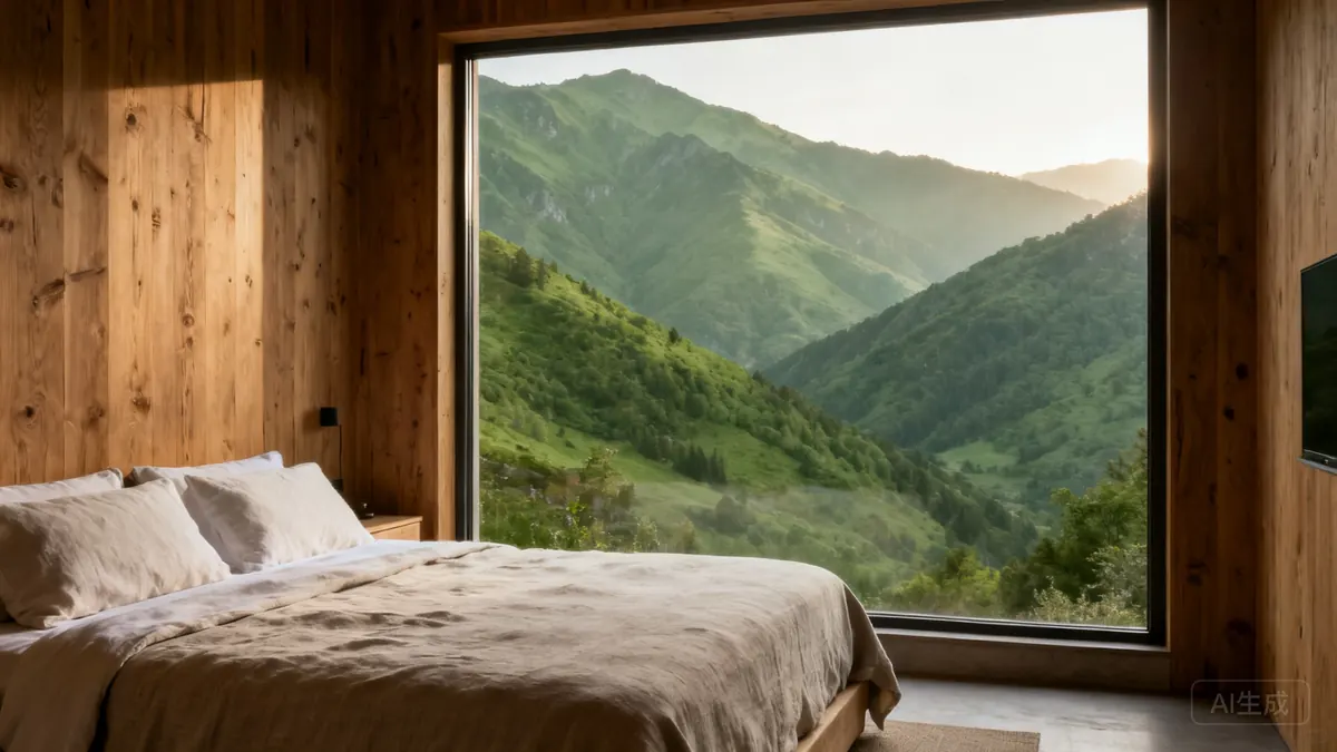 Timber guest room with a large window facing green mountains