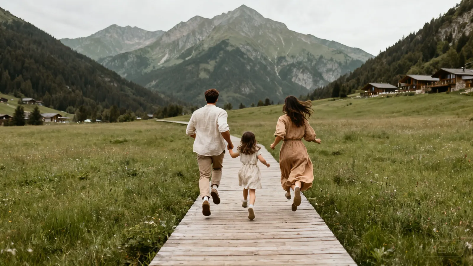 A family running along a wooden boardwalk through a mountain meadow