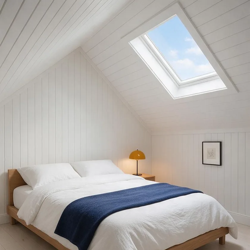 After: a bright guest bedroom under the eaves with a skylight and white beadboard ceiling