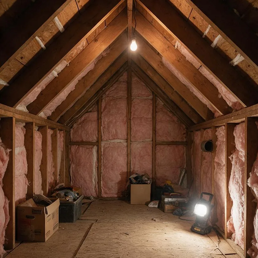 Before: a raw attic with exposed rafters, pink insulation and a plywood floor