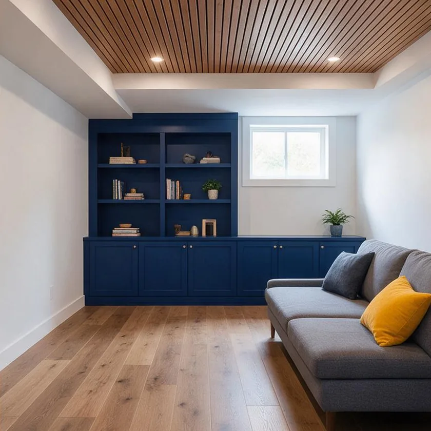 After: a finished family room with an oak slat ceiling, navy built-ins and a grey sofa