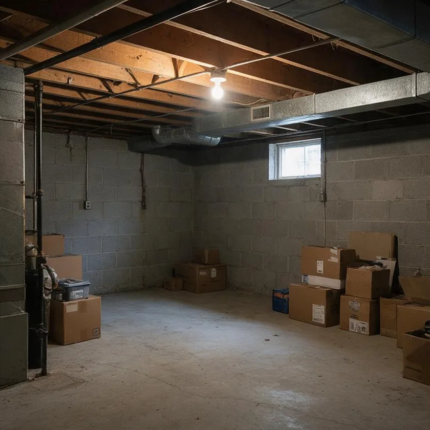 Before: an unfinished basement with bare concrete, exposed joists and stacked boxes