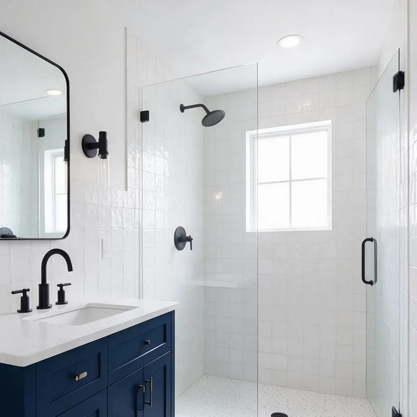 After: white zellige tile, a navy vanity, matte black fixtures and a frameless glass shower