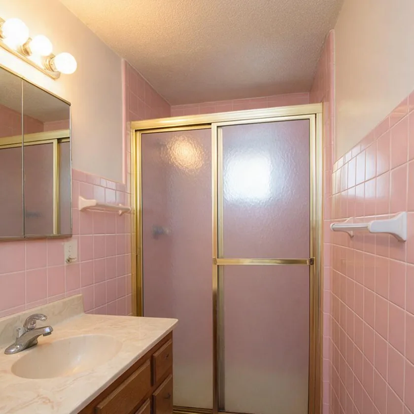 Before: a 1980s bathroom with pink tile, a brass shower door and mauve carpet