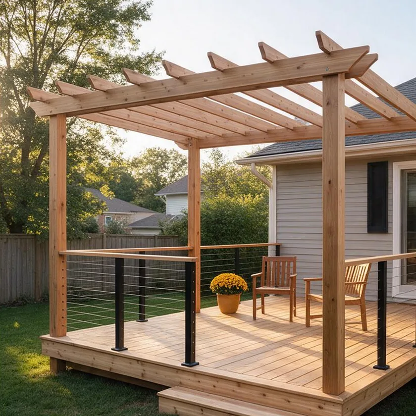 After: a new clear-cedar deck with a pergola and black cable railing in evening sun