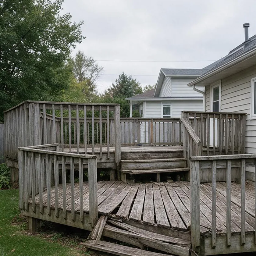 Before: a weathered grey deck with split boards and a sagging railing