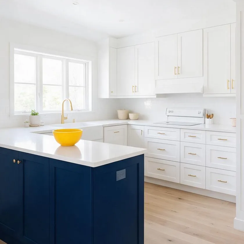 After: white shaker cabinets, a navy island with white quartz, brass pulls and white-oak floors