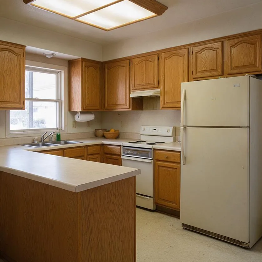 Before: a 1990s kitchen with honey-oak cabinets, laminate counters and a fluorescent box light