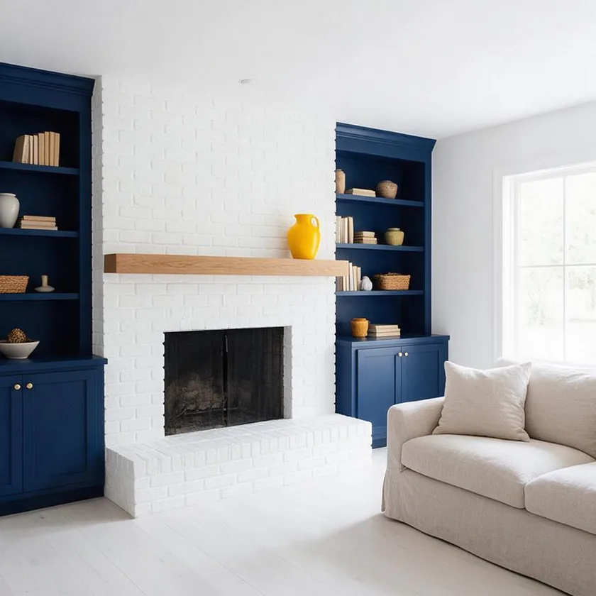 After: a limewashed brick fireplace, navy built-in bookcases and white-oak floors