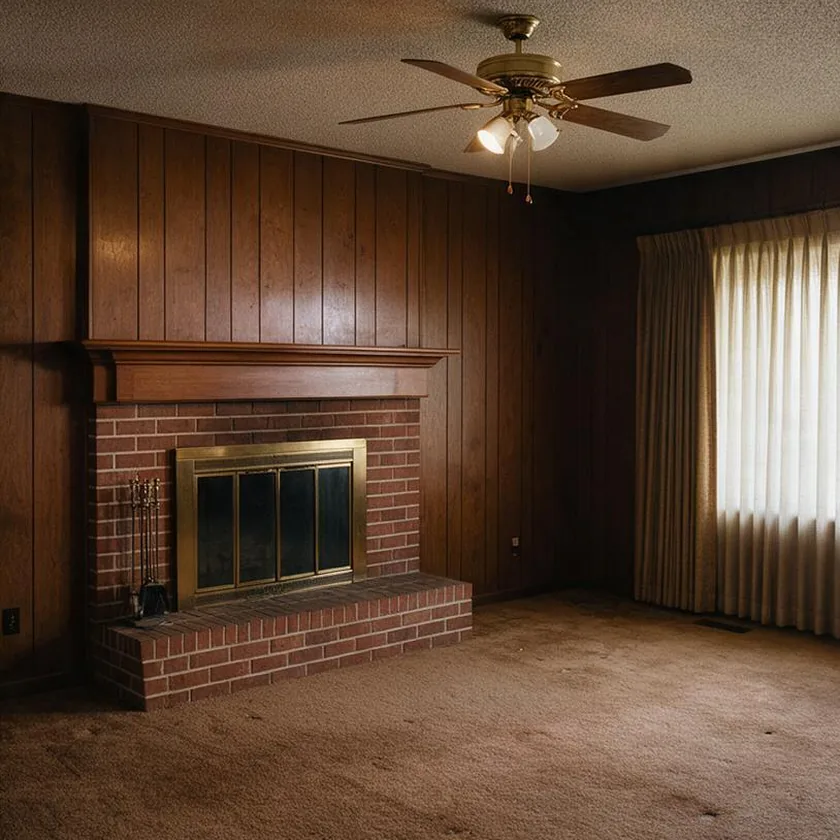 Before: a 1970s living room with dark wood paneling, a brick fireplace and brown carpet