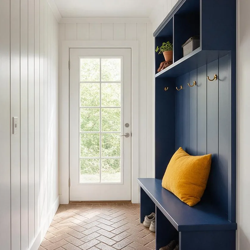After: navy built-in cubbies and bench, white shiplap and a herringbone brick floor