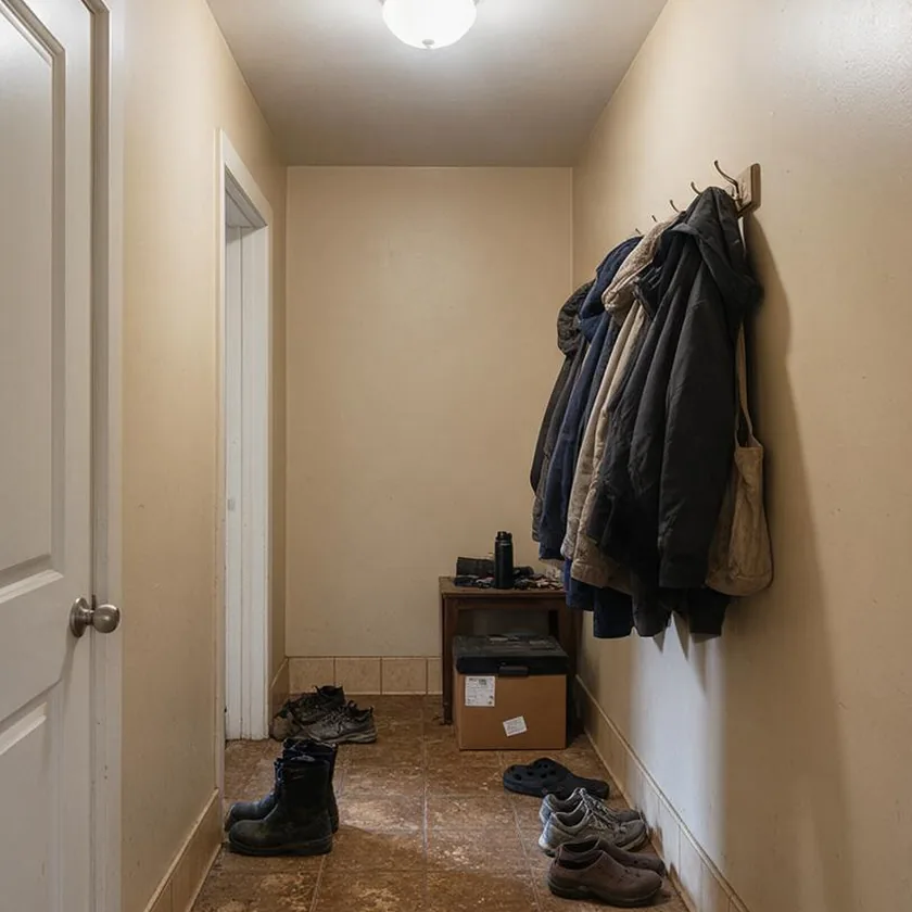 Before: a cramped back hallway with coats on hooks and shoes on brown tile