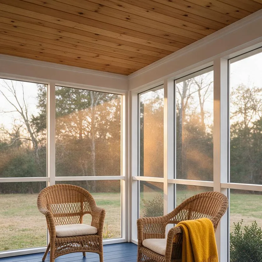 After: a new screened porch with a cedar ceiling, navy floor and two wicker chairs