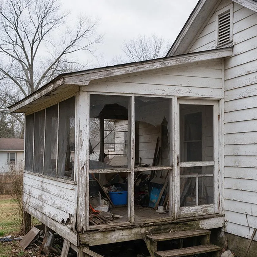 Before: a sagging back porch with peeling paint, torn screens and rotten steps